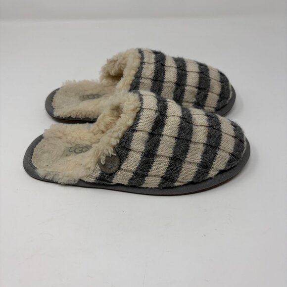 UGG Striped Knit Sweater Slipper • Women’s Size 6 • Gray/Ivory Sheepskin Insole - Picture 4 of 10